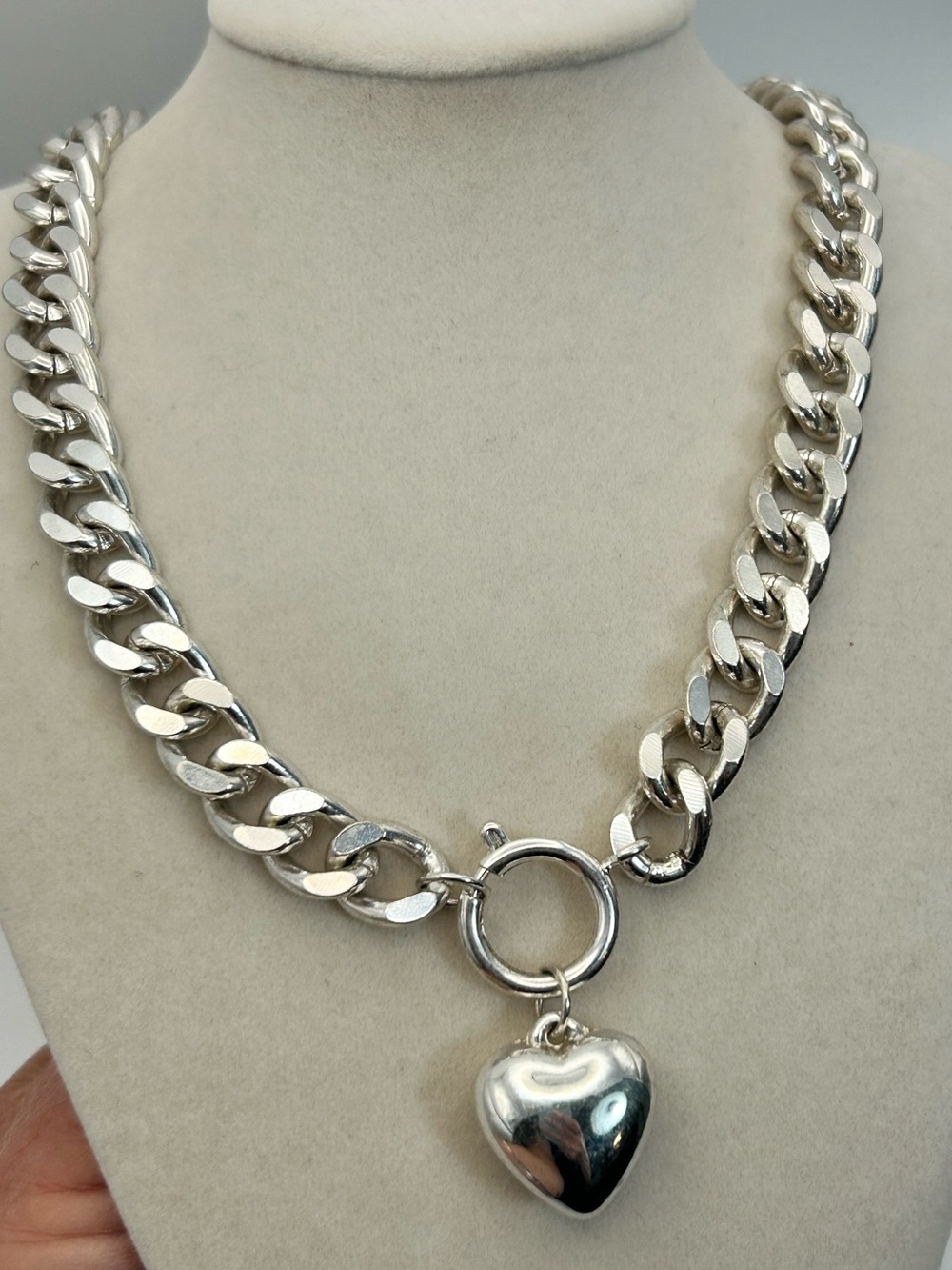 Puffy Heart Charm Necklace Curb Chain Chunky 16" Unsigned Silver-tone